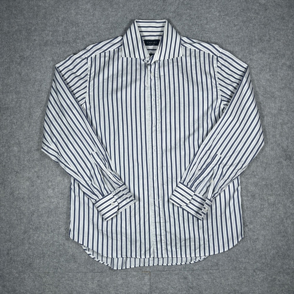 Canali Dress Shirt Men 16.5 Blue White Striped Cotton Luxury Business Italy Made